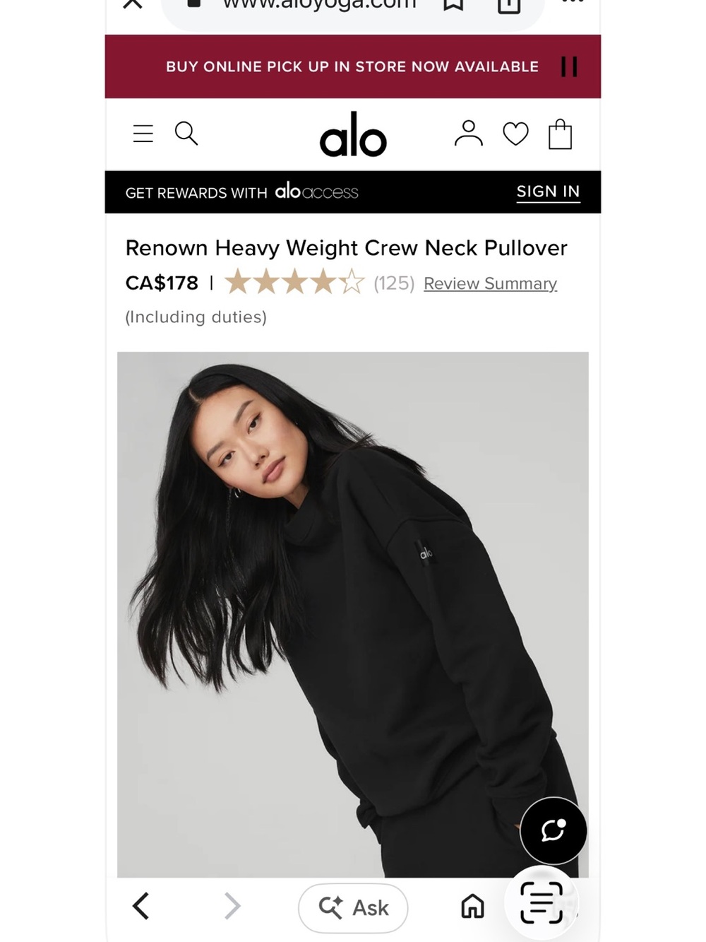 Alo Renown Heavy Weight Crew Neck Pullover - Black. Size S. EUC